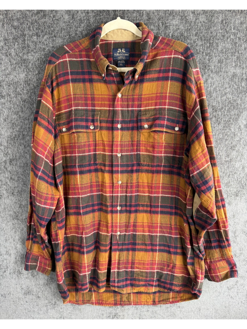 Vintage Willis & Geiger Mens Large Tall Heavy Flannel Shirt Plaid Elbow Patches